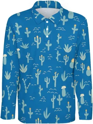 Mens Flower Polo Shirts Quick-Dry Moisture Wicking 3D Print Long Sleeve Golf Shirts