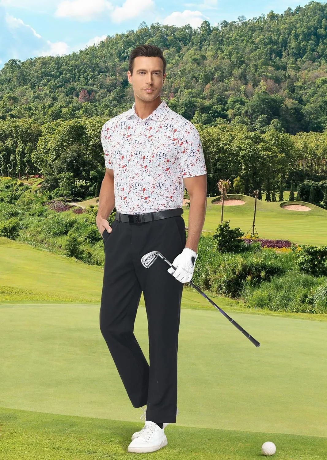 Men's Golf Polo Shirts Dry Fit Short Sleeve Print Performance Collared Polo Shirts