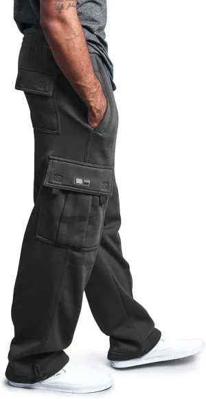 Mens Heavyweight Fleece Cargo Sweatpants Baggy Stretch Drawstring Elastic Waist Athletic Jogger Sweat Pant with Pockets