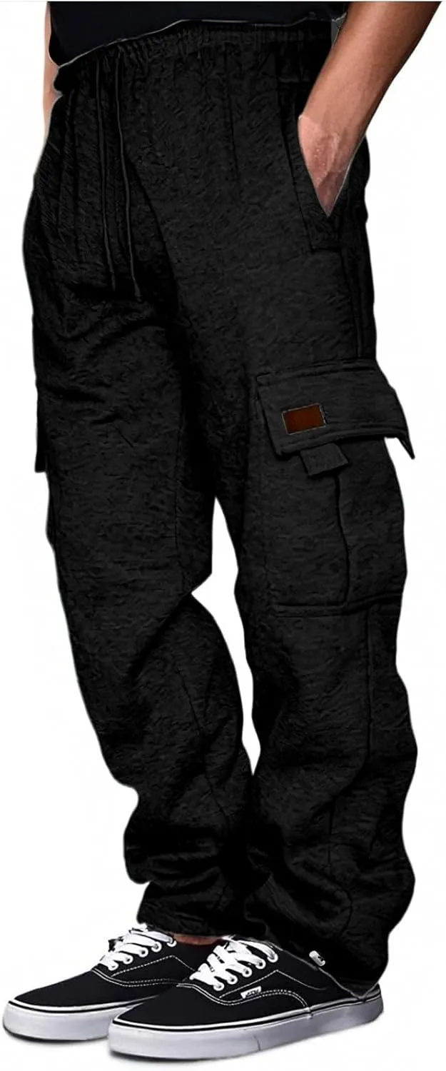 Mens Heavyweight Fleece Cargo Sweatpants Baggy Stretch Drawstring Elastic Waist Athletic Jogger Sweat Pant with Pockets