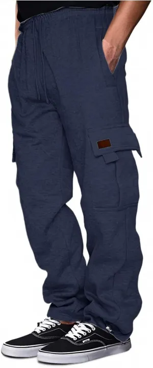 Mens Heavyweight Fleece Cargo Sweatpants Baggy Stretch Drawstring Elastic Waist Athletic Jogger Sweat Pant with Pockets