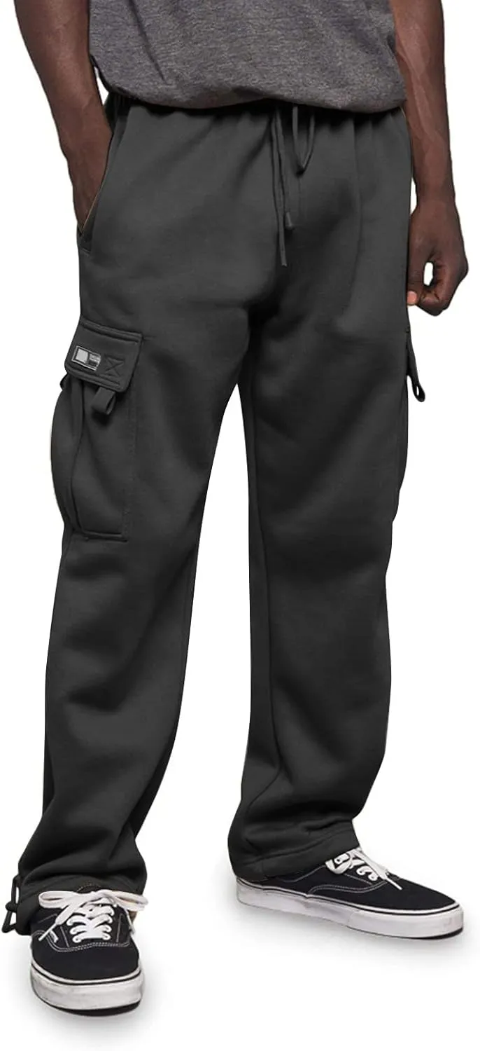 Mens Heavyweight Fleece Cargo Sweatpants Baggy Stretch Drawstring Elastic Waist Athletic Jogger Sweat Pant with Pockets