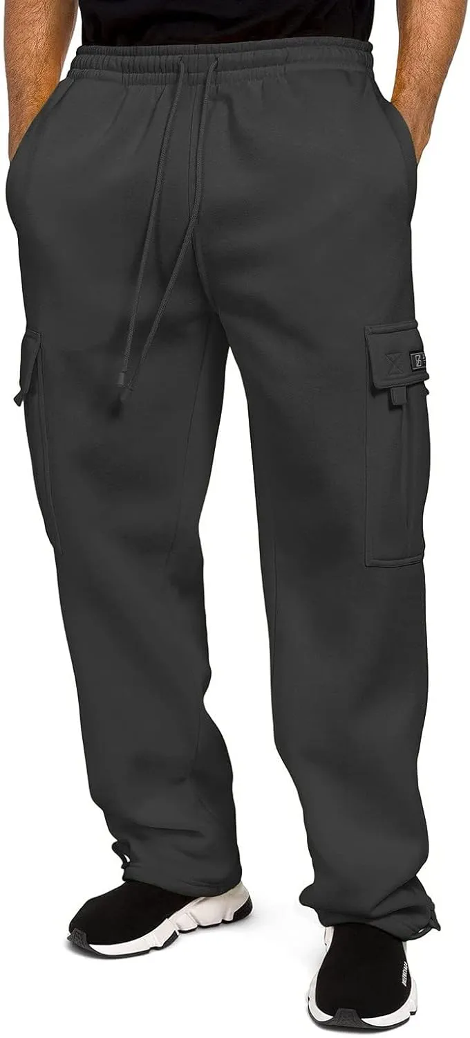 Mens Heavyweight Fleece Cargo Sweatpants Baggy Stretch Drawstring Elastic Waist Athletic Jogger Sweat Pant with Pockets