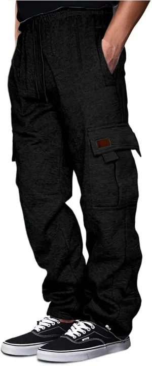Mens Heavyweight Fleece Cargo Sweatpants Baggy Stretch Drawstring Elastic Waist Athletic Jogger Sweat Pant with Pockets