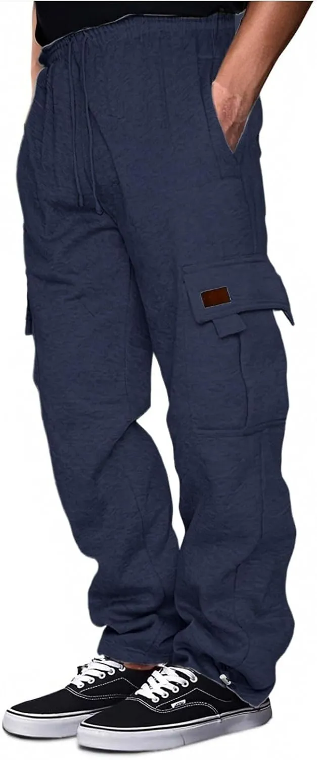 Mens Heavyweight Fleece Cargo Sweatpants Baggy Stretch Drawstring Elastic Waist Athletic Jogger Sweat Pant with Pockets