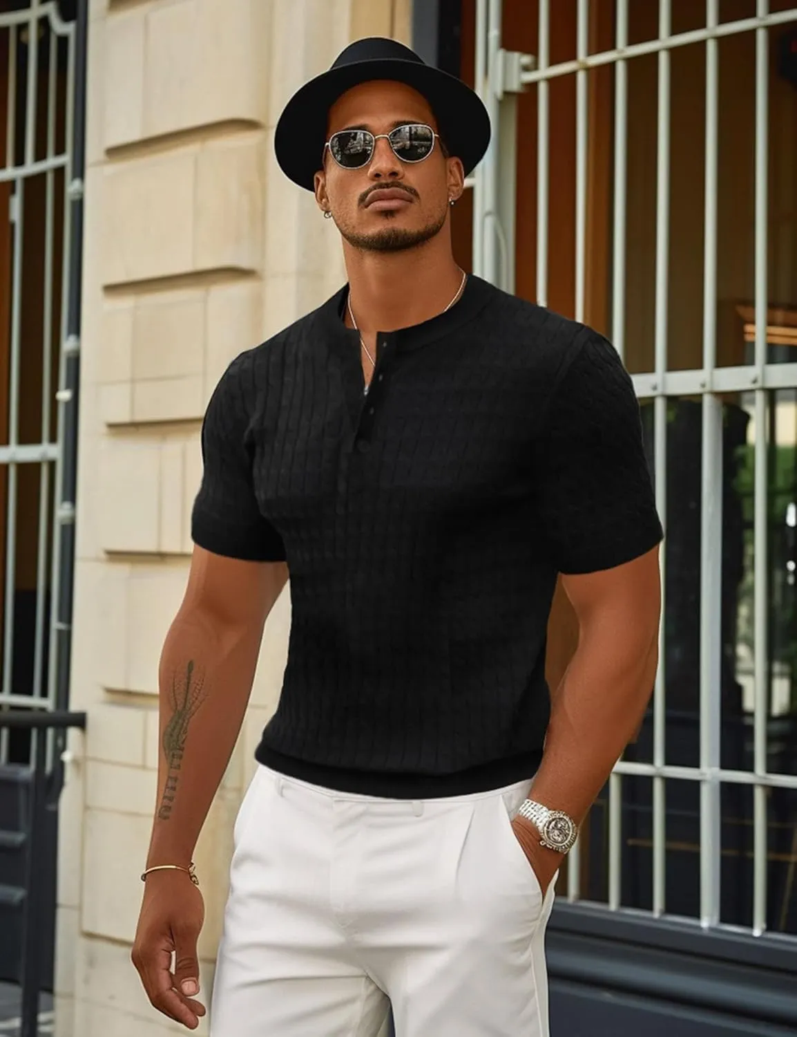Men's Knit Polo Shirts Short Sleeve Texture Henley Shirts Knitted T-Shirts Casual Lightweight Golf Shirts