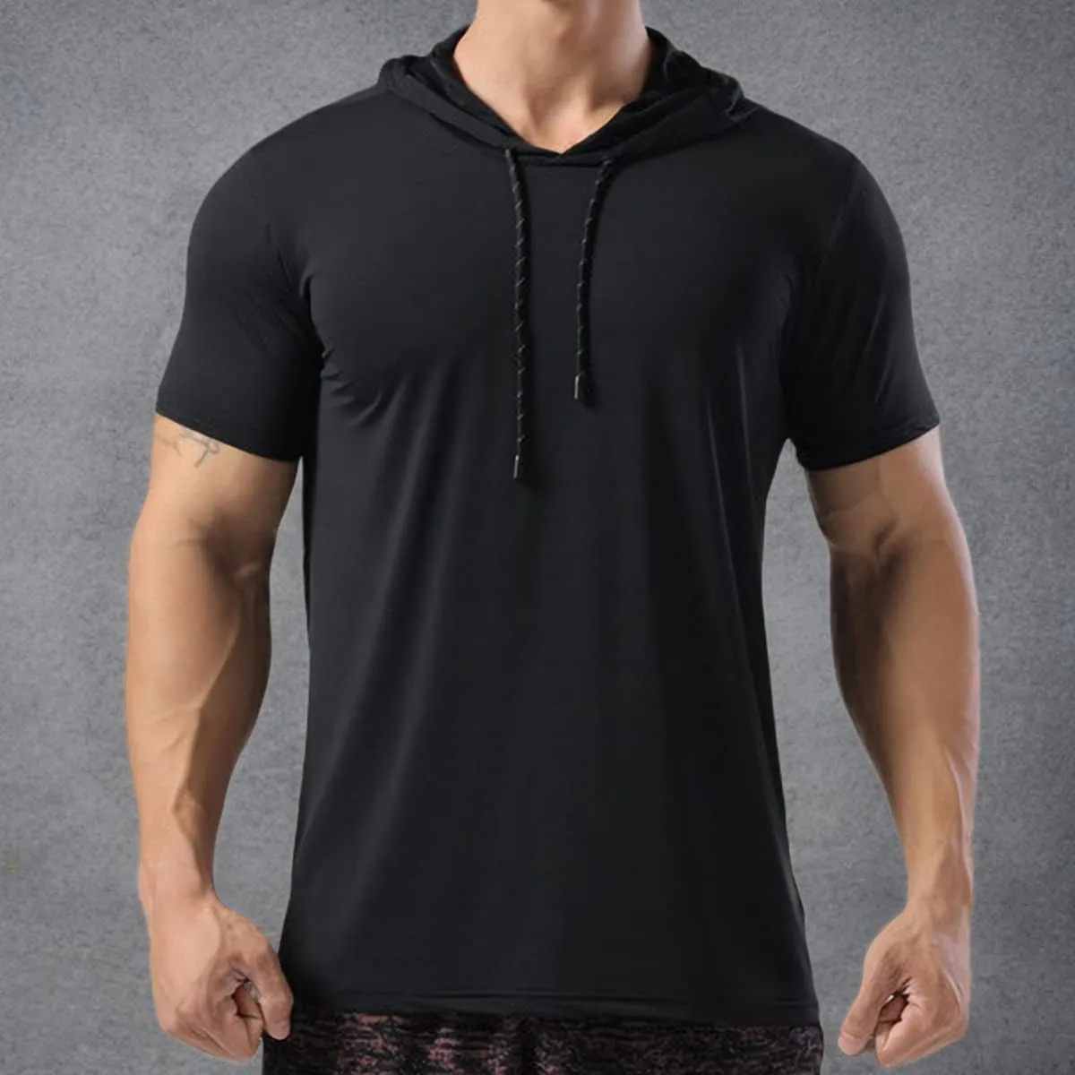 Mens Muscle Cotton Lightweight Workout Short Sleeve Hooded T-Shirts Gym Hoodies T63