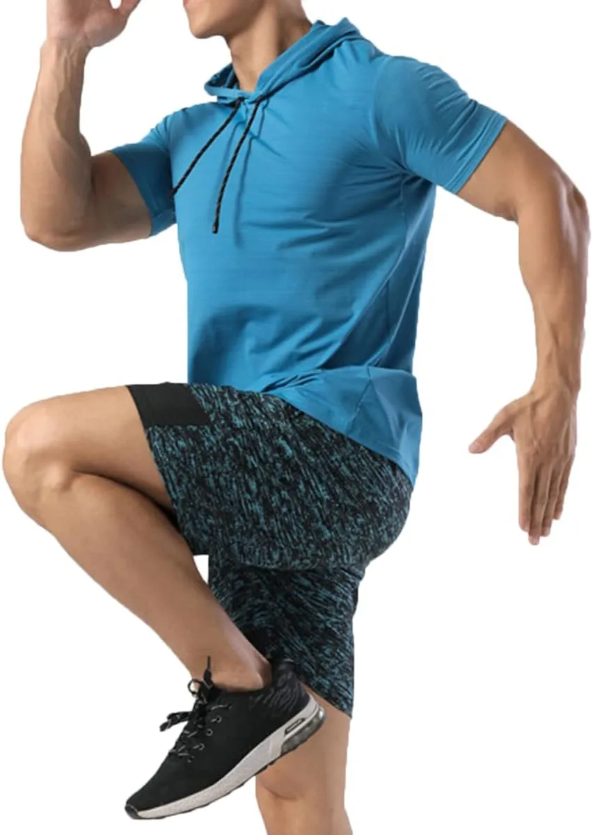 Mens Muscle Cotton Lightweight Workout Short Sleeve Hooded T-Shirts Gym Hoodies T63
