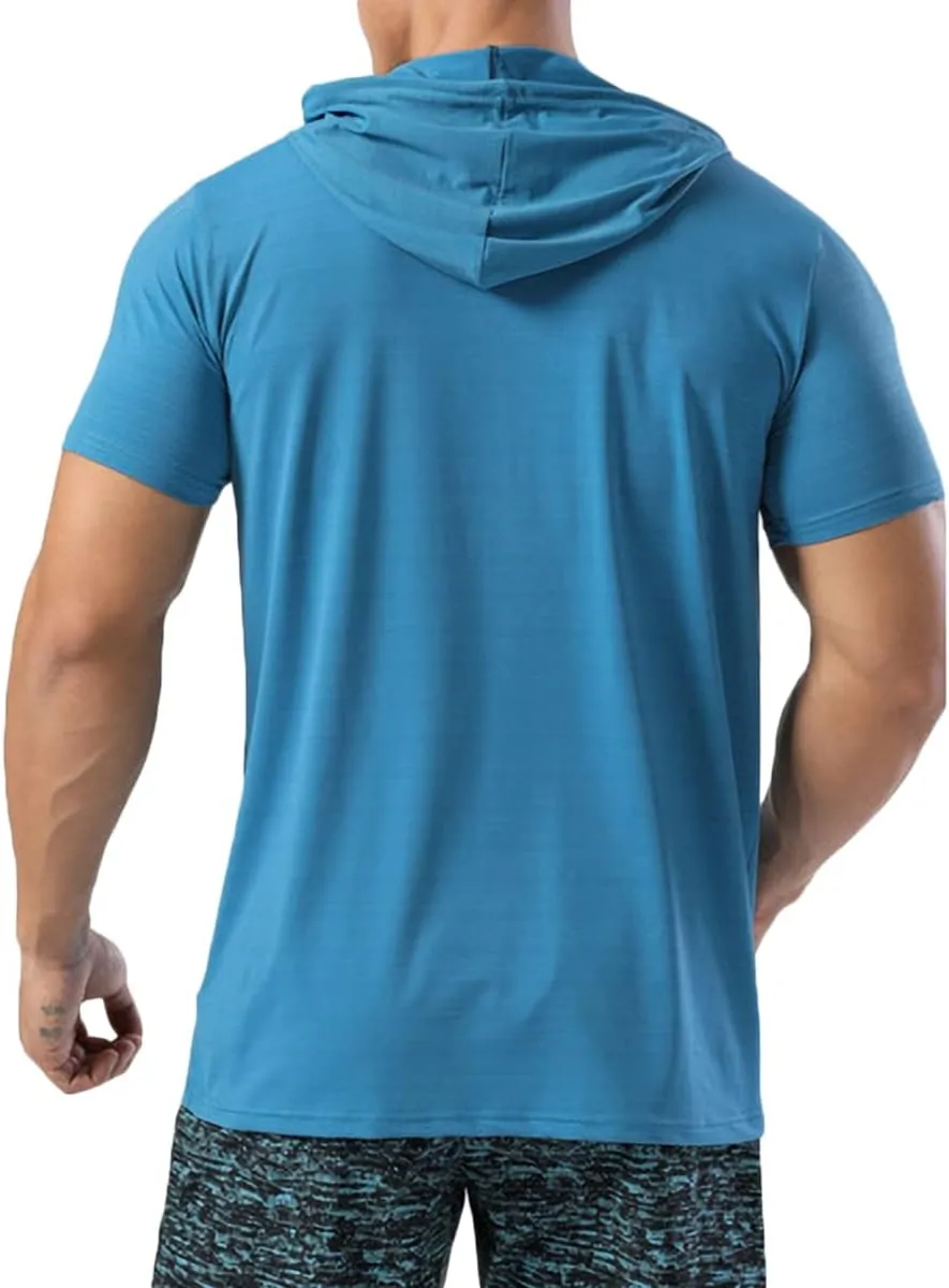 Mens Muscle Cotton Lightweight Workout Short Sleeve Hooded T-Shirts Gym Hoodies T63