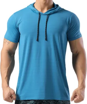 Mens Muscle Cotton Lightweight Workout Short Sleeve Hooded T-Shirts Gym Hoodies T63