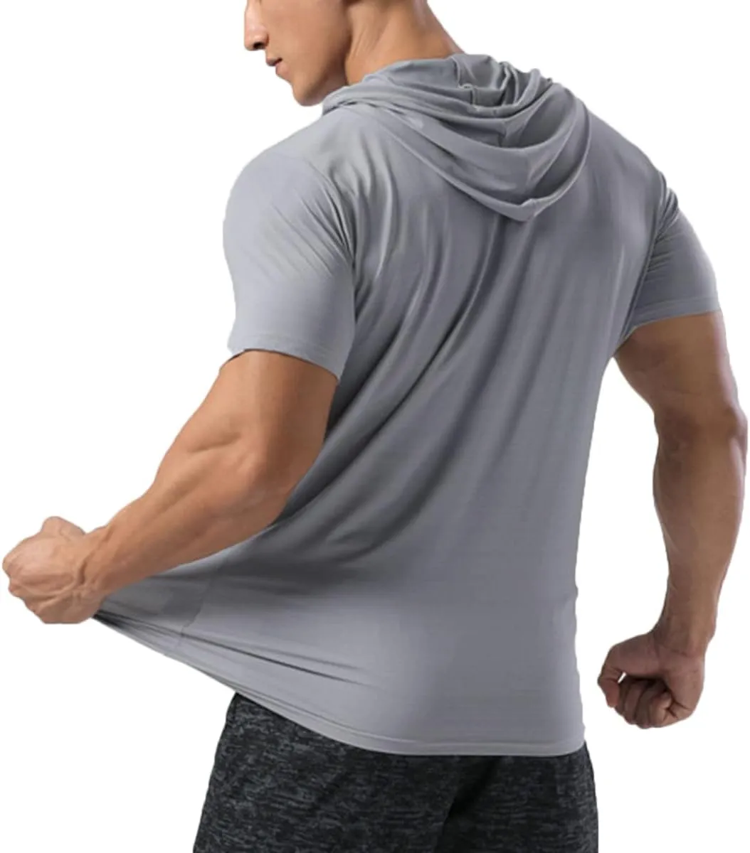 Mens Muscle Cotton Lightweight Workout Short Sleeve Hooded T-Shirts Gym Hoodies T63