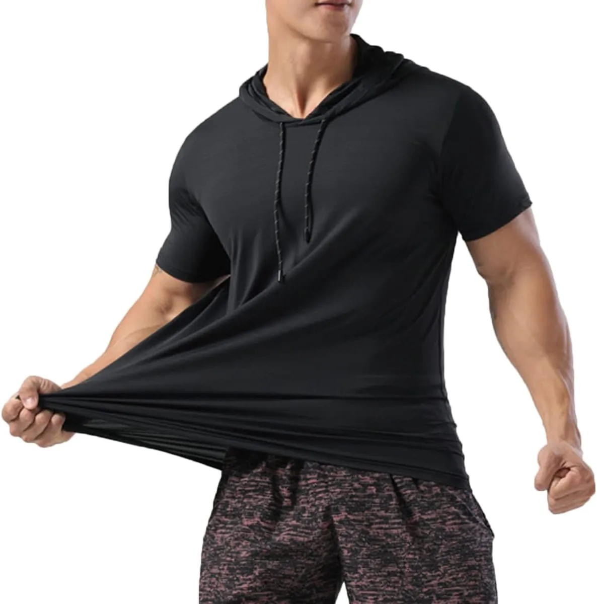 Mens Muscle Cotton Lightweight Workout Short Sleeve Hooded T-Shirts Gym Hoodies T63