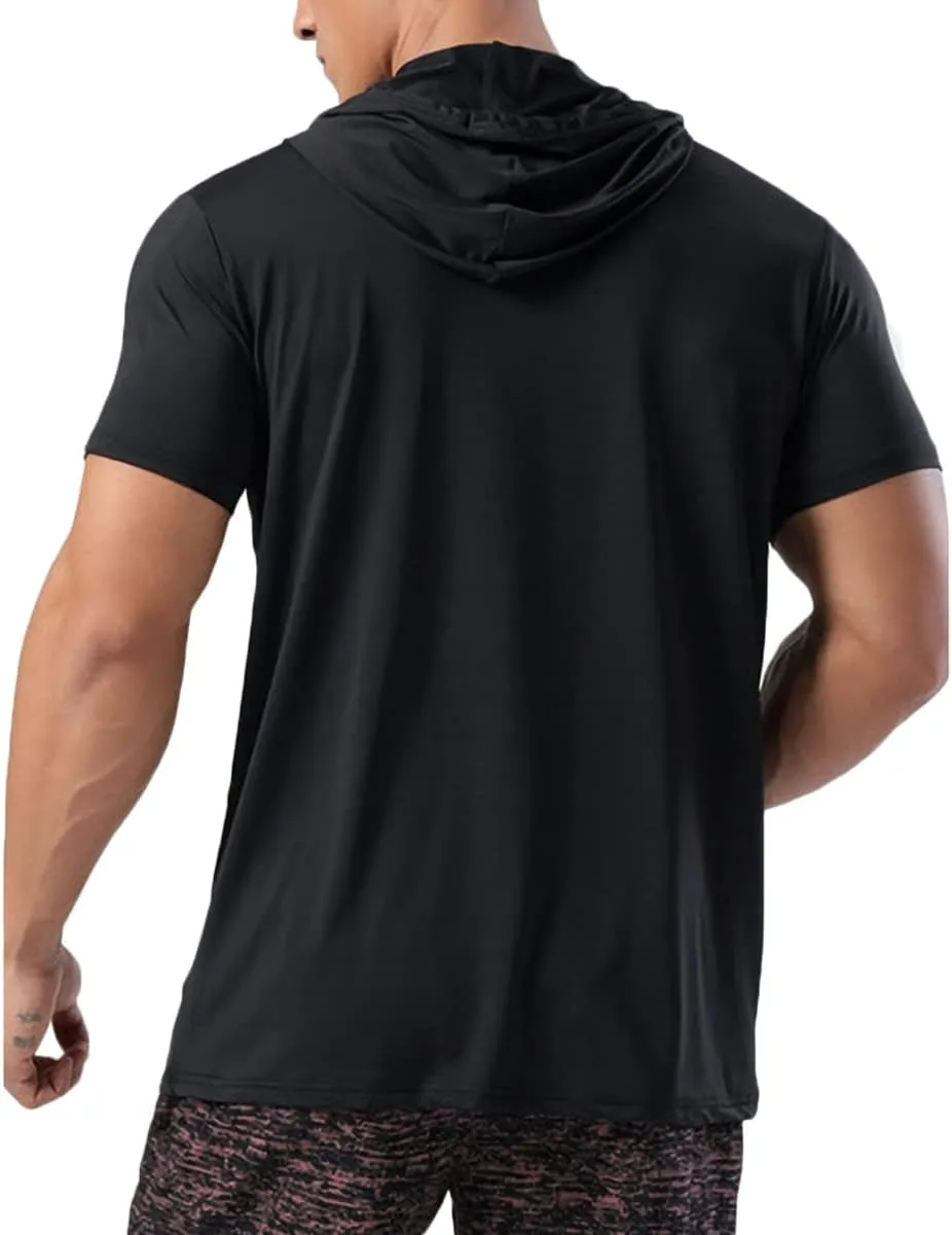 Mens Muscle Cotton Lightweight Workout Short Sleeve Hooded T-Shirts Gym Hoodies T63