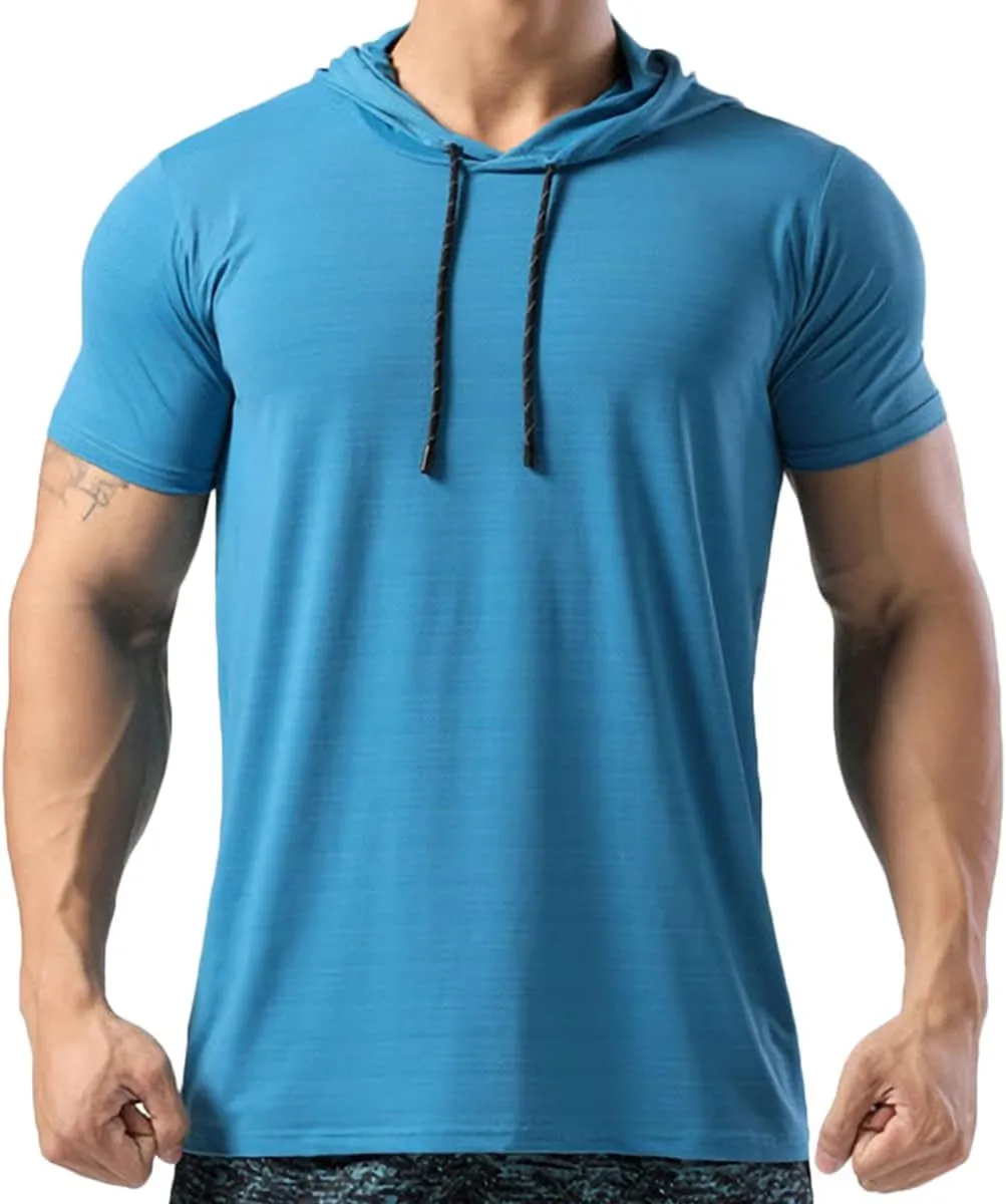 Mens Muscle Cotton Lightweight Workout Short Sleeve Hooded T-Shirts Gym Hoodies T63