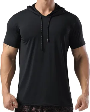 Mens Muscle Cotton Lightweight Workout Short Sleeve Hooded T-Shirts Gym Hoodies T63