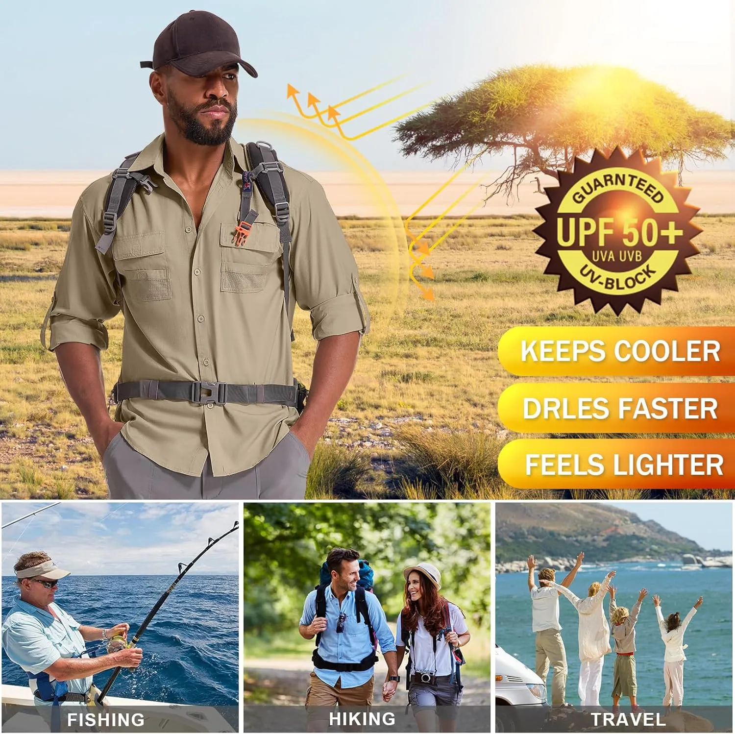 Men's Sun Protection Fishing Shirts Long Sleeve Safari Shirts UPF 50 UV Quick Dry Cooling Travel Work Shirts