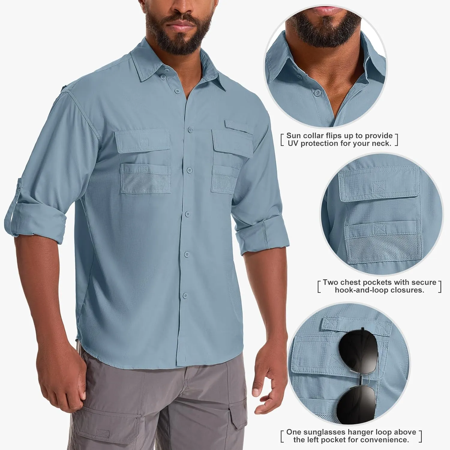 Men's Sun Protection Fishing Shirts Long Sleeve Safari Shirts UPF 50 UV Quick Dry Cooling Travel Work Shirts