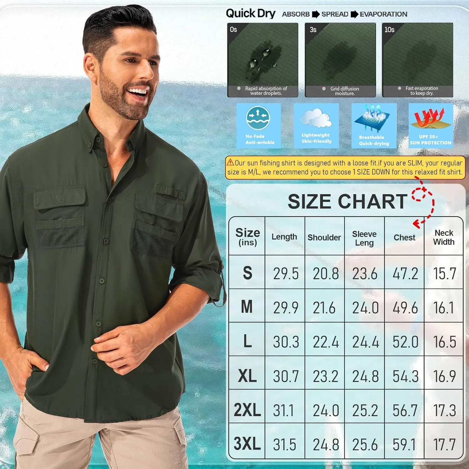 Men's Sun Protection Fishing Shirts Long Sleeve Safari Shirts UPF 50 UV Quick Dry Cooling Travel Work Shirts