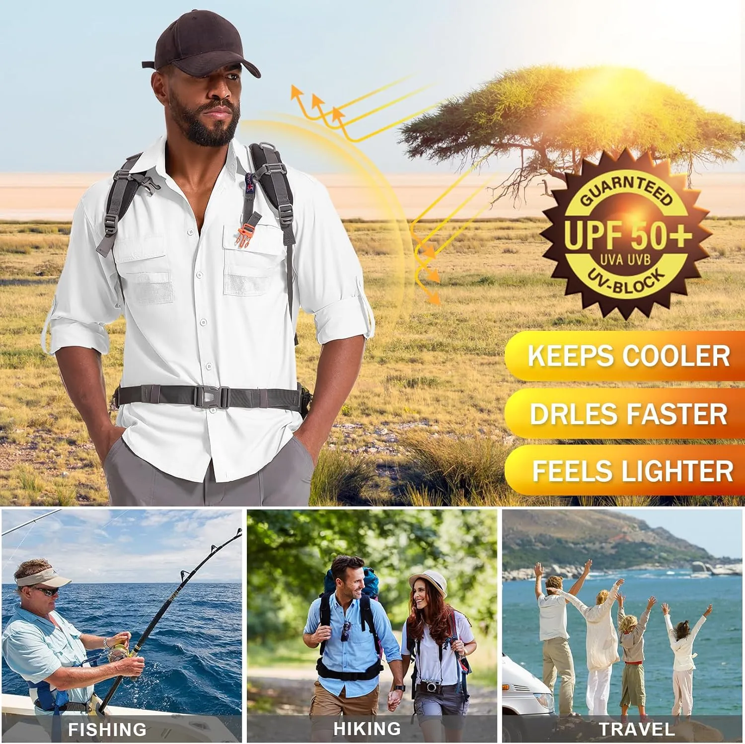 Men's Sun Protection Fishing Shirts Long Sleeve Safari Shirts UPF 50 UV Quick Dry Cooling Travel Work Shirts