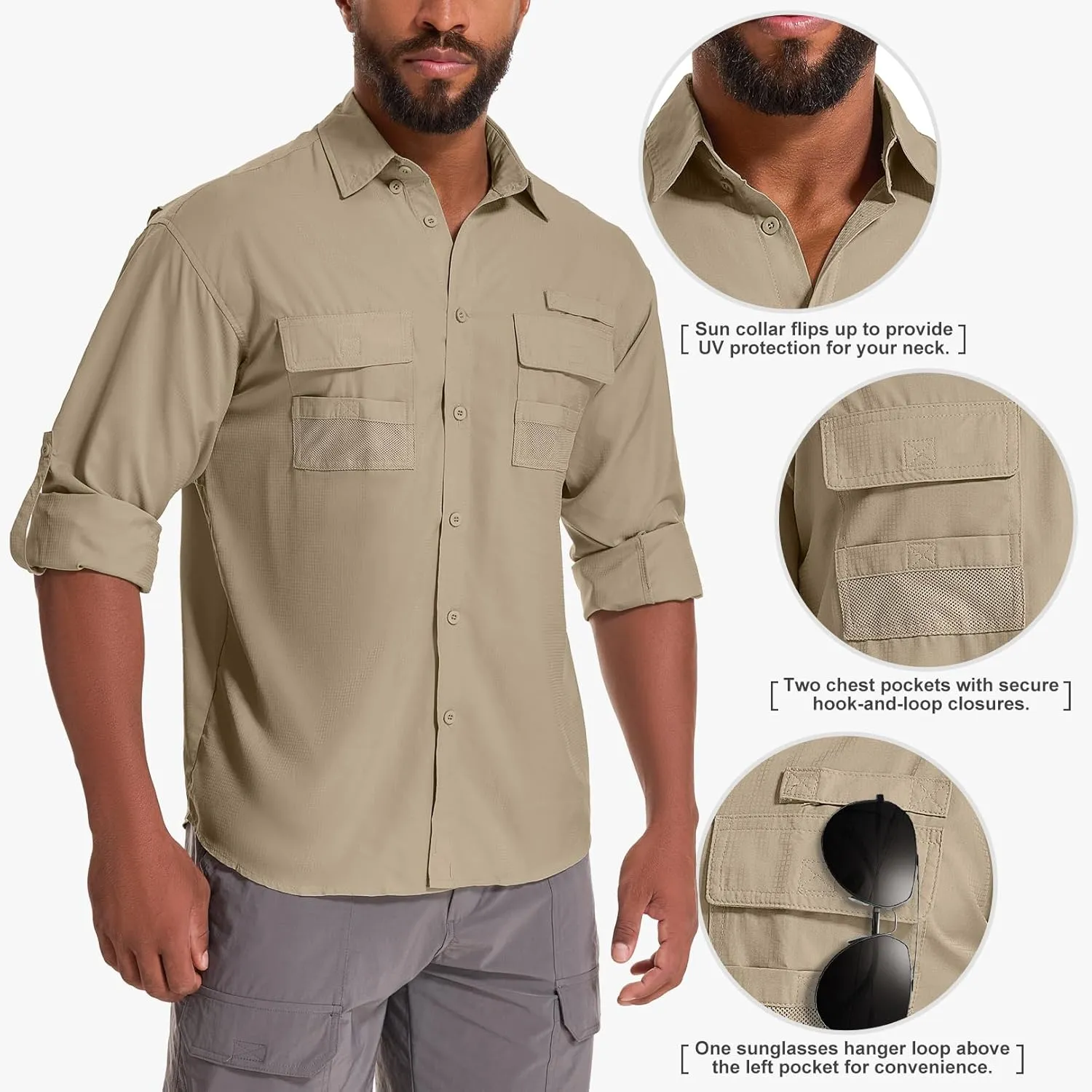 Men's Sun Protection Fishing Shirts Long Sleeve Safari Shirts UPF 50 UV Quick Dry Cooling Travel Work Shirts