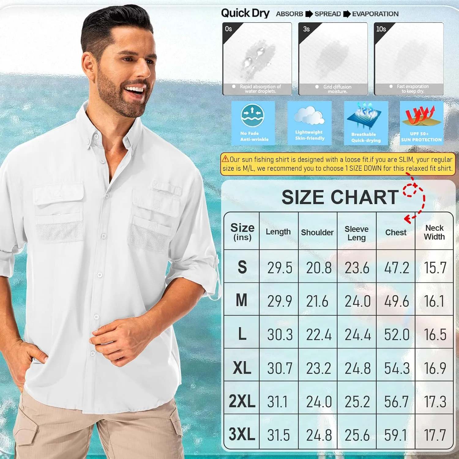 Men's Sun Protection Fishing Shirts Long Sleeve Safari Shirts UPF 50 UV Quick Dry Cooling Travel Work Shirts