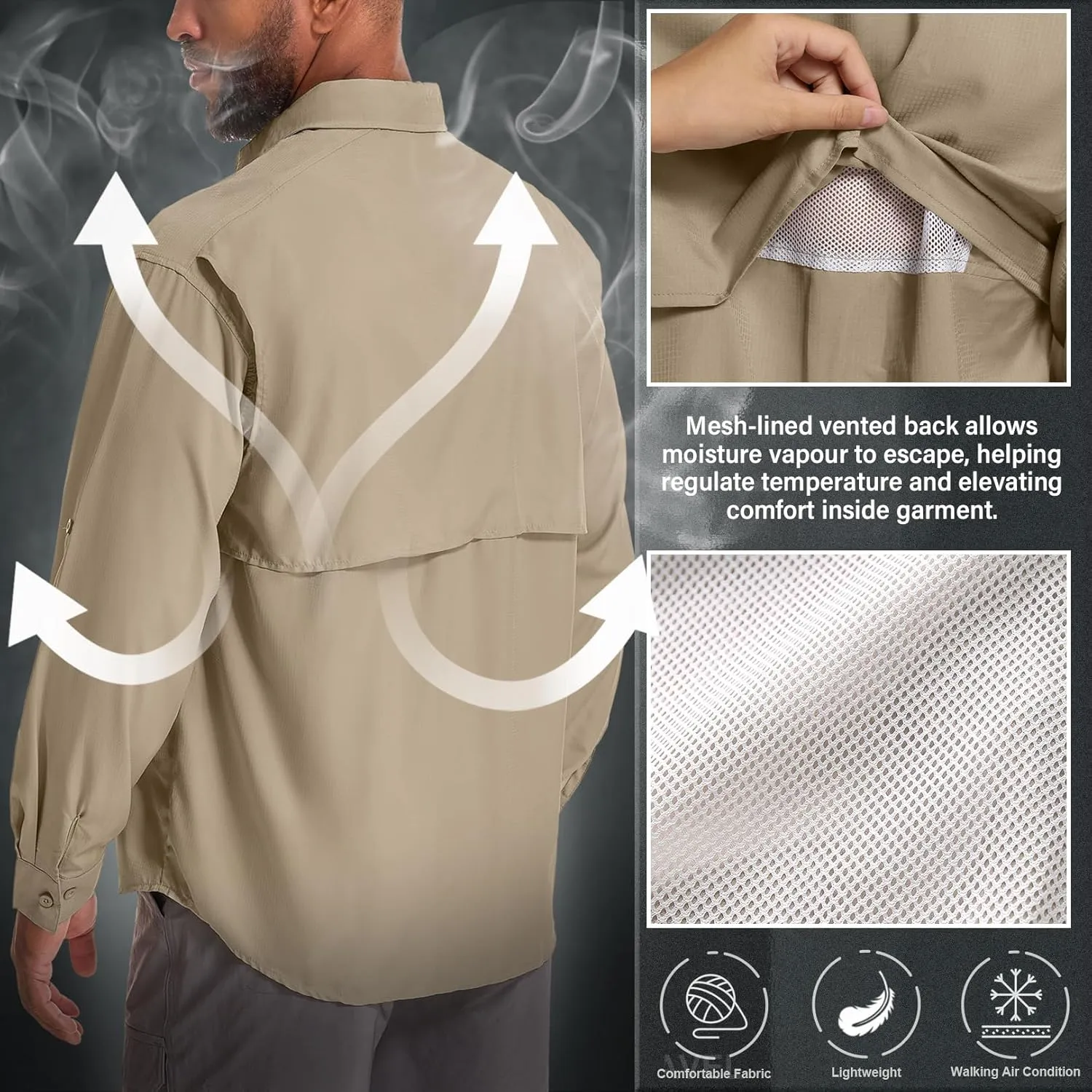 Men's Sun Protection Fishing Shirts Long Sleeve Safari Shirts UPF 50 UV Quick Dry Cooling Travel Work Shirts