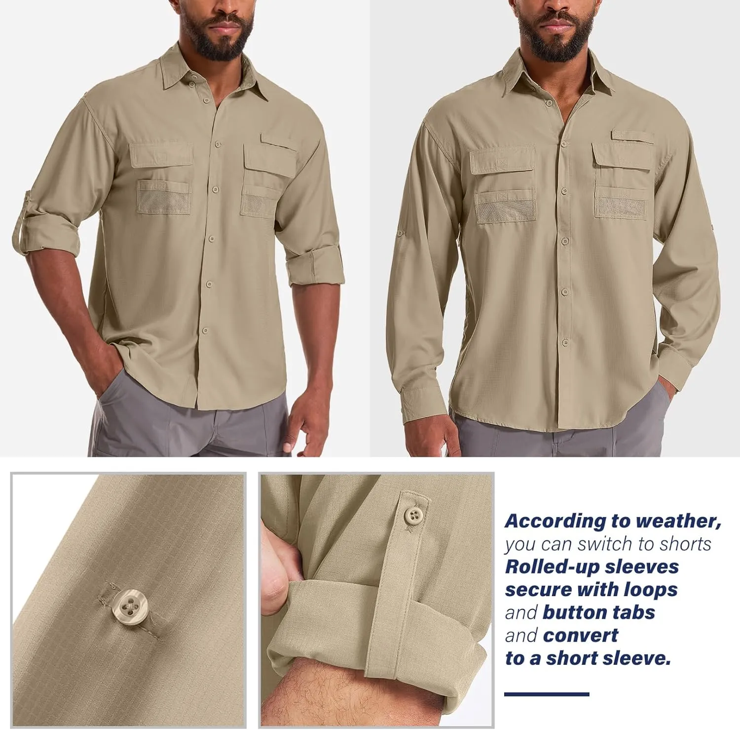 Men's Sun Protection Fishing Shirts Long Sleeve Safari Shirts UPF 50 UV Quick Dry Cooling Travel Work Shirts