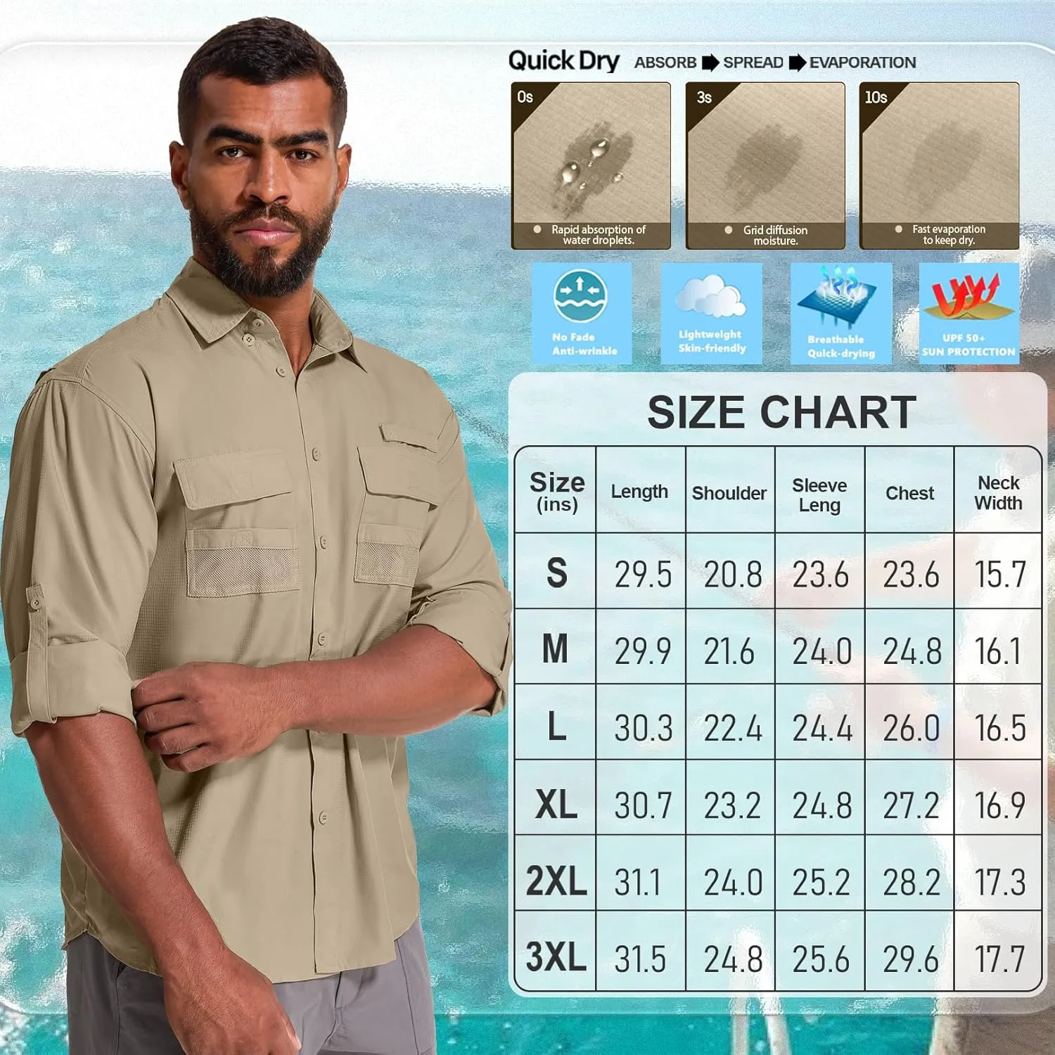 Men's Sun Protection Fishing Shirts Long Sleeve Safari Shirts UPF 50 UV Quick Dry Cooling Travel Work Shirts