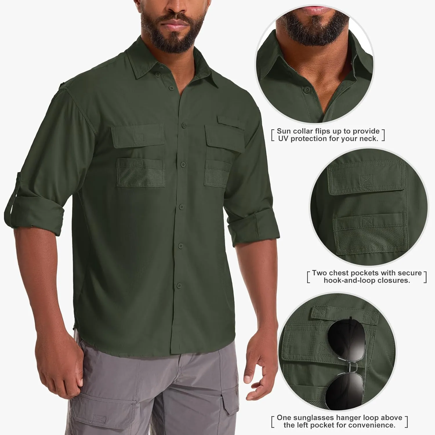 Men's Sun Protection Fishing Shirts Long Sleeve Safari Shirts UPF 50 UV Quick Dry Cooling Travel Work Shirts