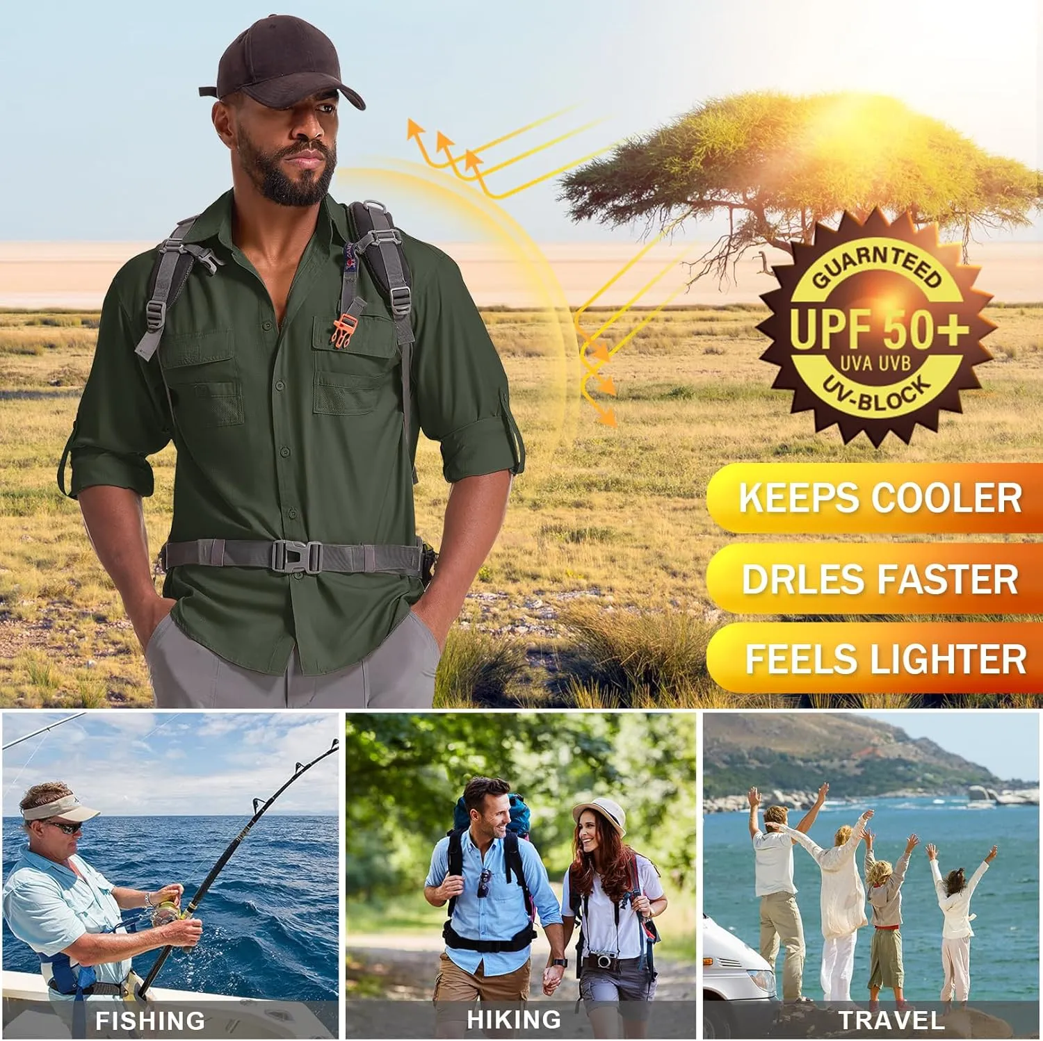 Men's Sun Protection Fishing Shirts Long Sleeve Safari Shirts UPF 50 UV Quick Dry Cooling Travel Work Shirts