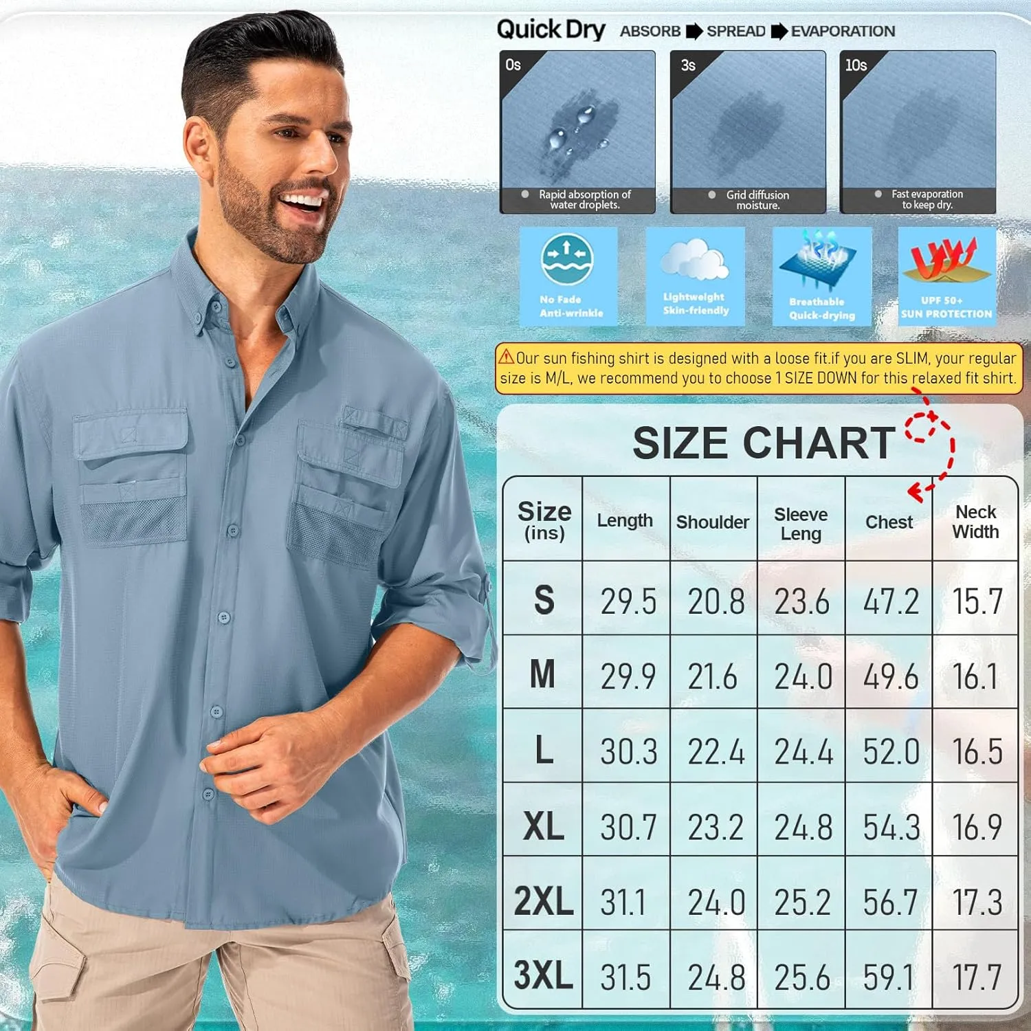 Men's Sun Protection Fishing Shirts Long Sleeve Safari Shirts UPF 50 UV Quick Dry Cooling Travel Work Shirts