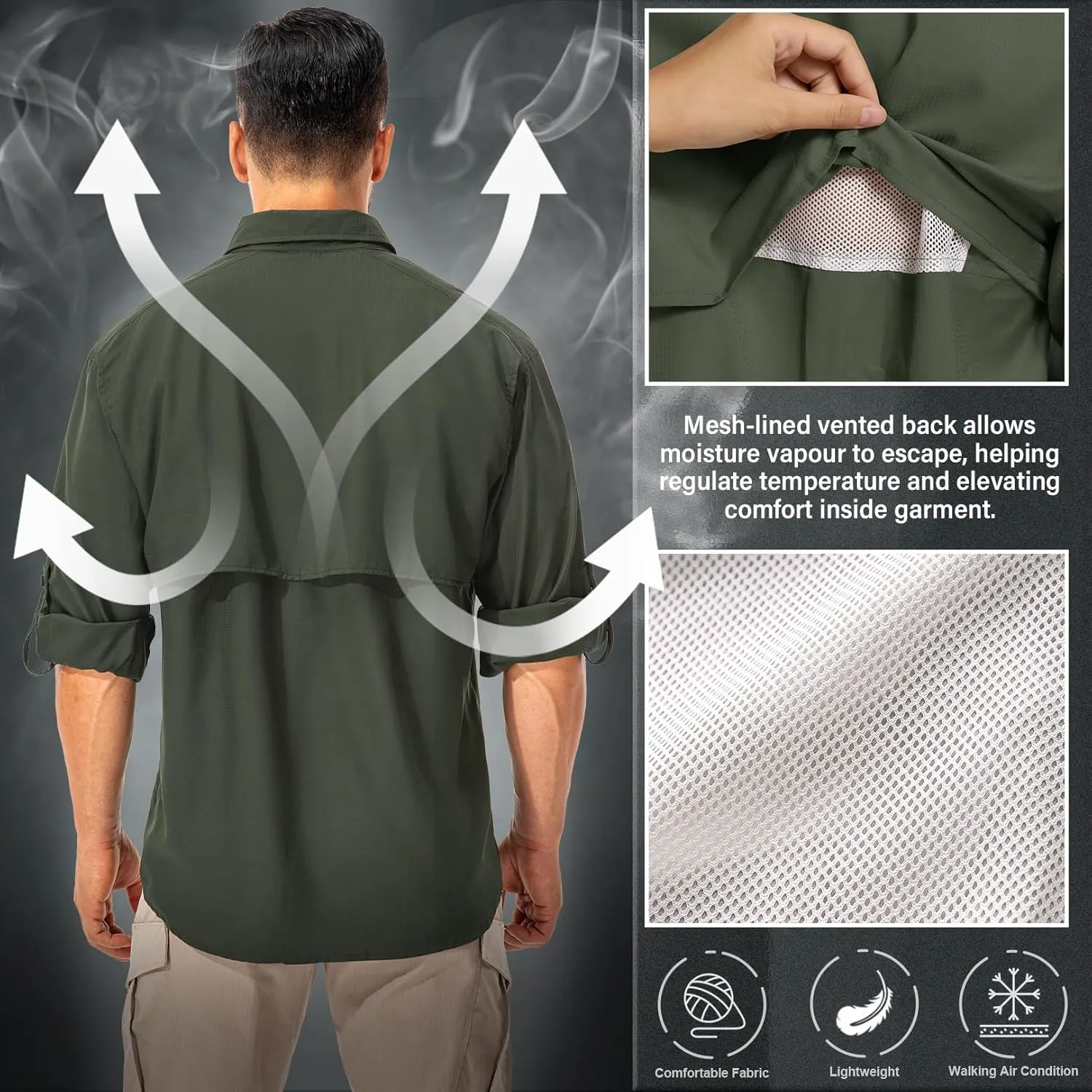 Men's Sun Protection Fishing Shirts Long Sleeve Safari Shirts UPF 50 UV Quick Dry Cooling Travel Work Shirts