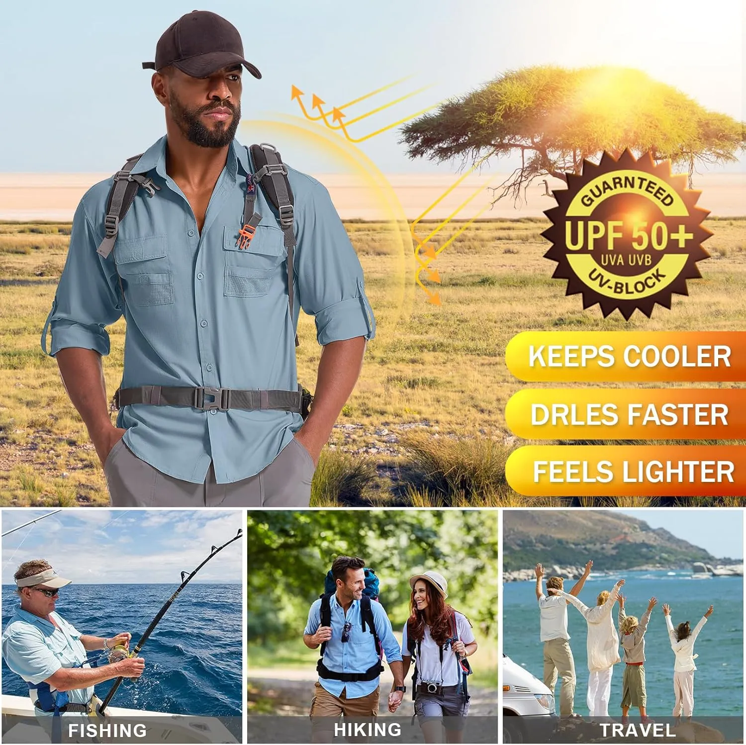 Men's Sun Protection Fishing Shirts Long Sleeve Safari Shirts UPF 50 UV Quick Dry Cooling Travel Work Shirts