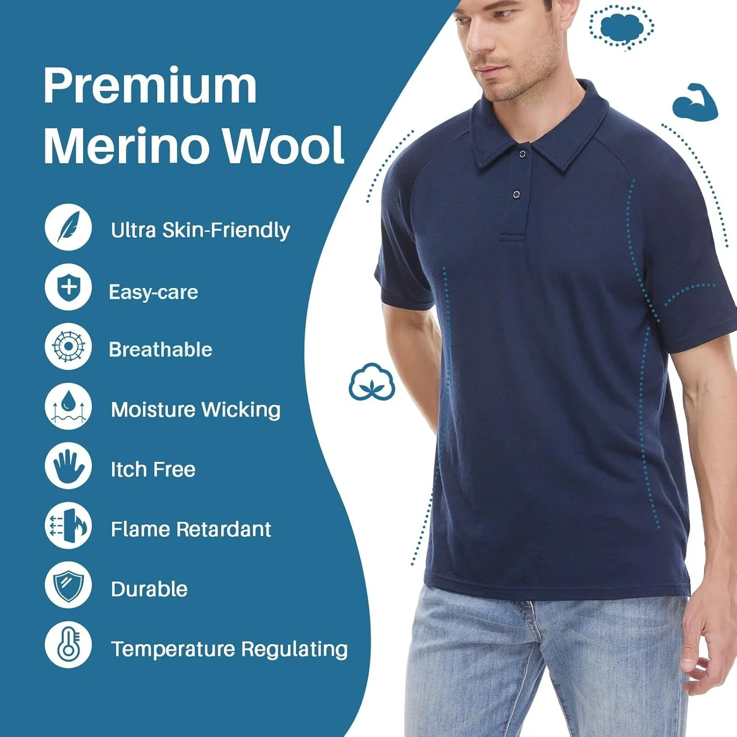 MERINNOVATION Merino Wool Polo Shirts Men - 100% Merino Wool Shirts for Men Short Sleeve Wicking Base Layer