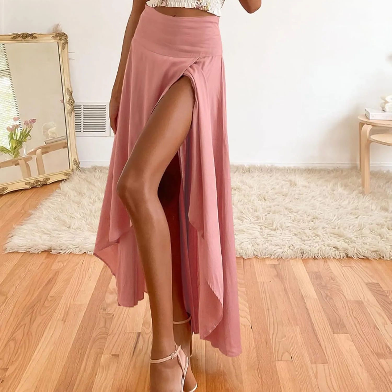 Midi Skirt for Women Summer High Waist Pleated A-Line Flowy Skirt Irregular Hem Ruffle Swing Tiered Long Beach Skirt