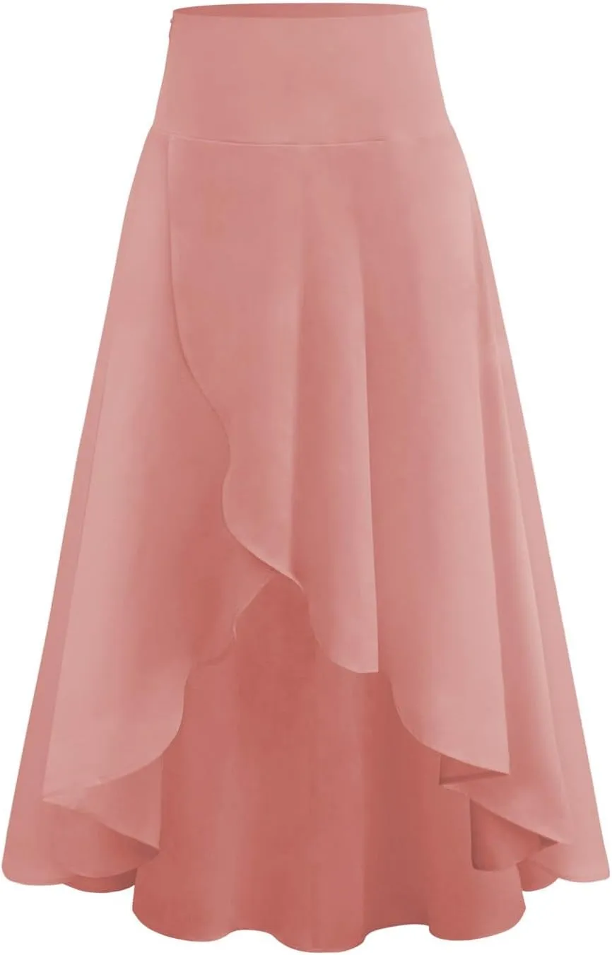 Midi Skirt for Women Summer High Waist Pleated A-Line Flowy Skirt Irregular Hem Ruffle Swing Tiered Long Beach Skirt