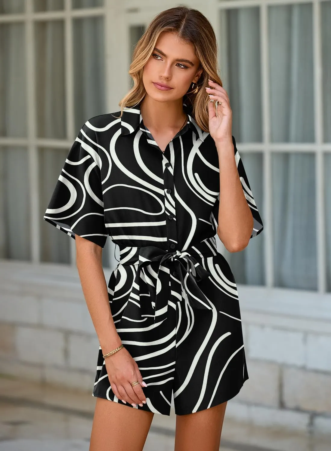 MIHOLL Women's 2025 Summer Rompers Casual Floral Print Short Sleeve Button Loose Rompers Jumpsuits For Vacation Outfits
