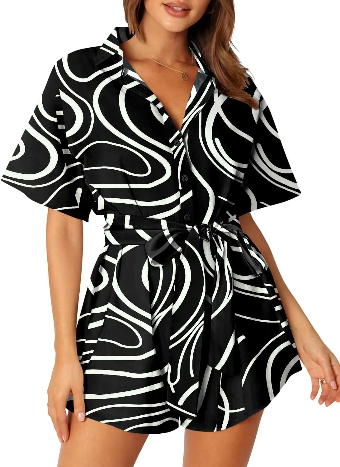 MIHOLL Women's 2025 Summer Rompers Casual Floral Print Short Sleeve Button Loose Rompers Jumpsuits For Vacation Outfits