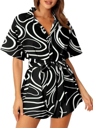 MIHOLL Women's 2025 Summer Rompers Casual Floral Print Short Sleeve Button Loose Rompers Jumpsuits For Vacation Outfits