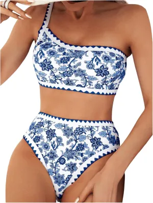Milumia Women's 2 Piece Paisley Print Bikini Set One Shoulder High Rise Bathing Suits