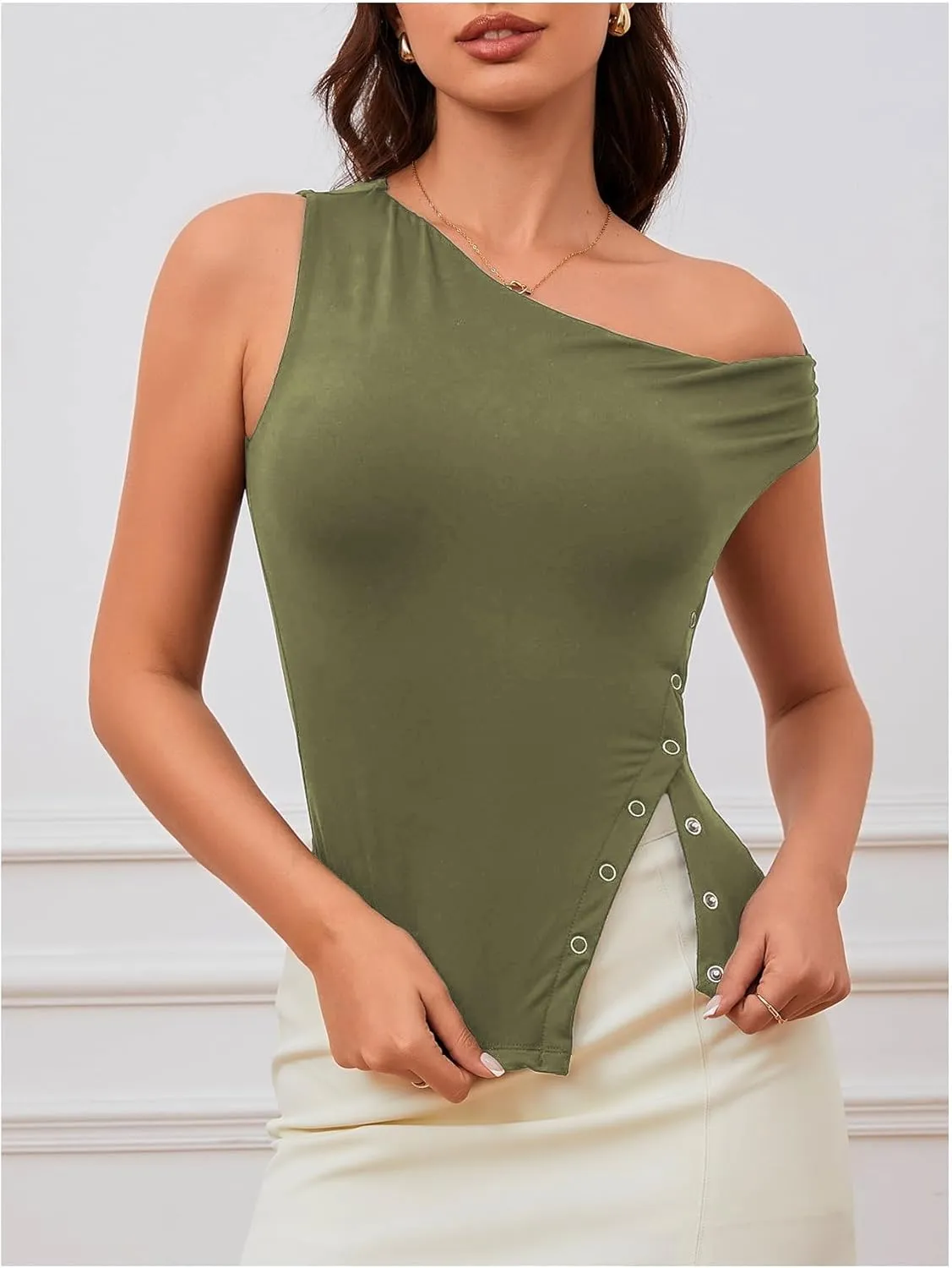Milumia Women's Summer One Off Shoulder Button Tank Top Asymmetrical Y2K Going Out T Shirts
