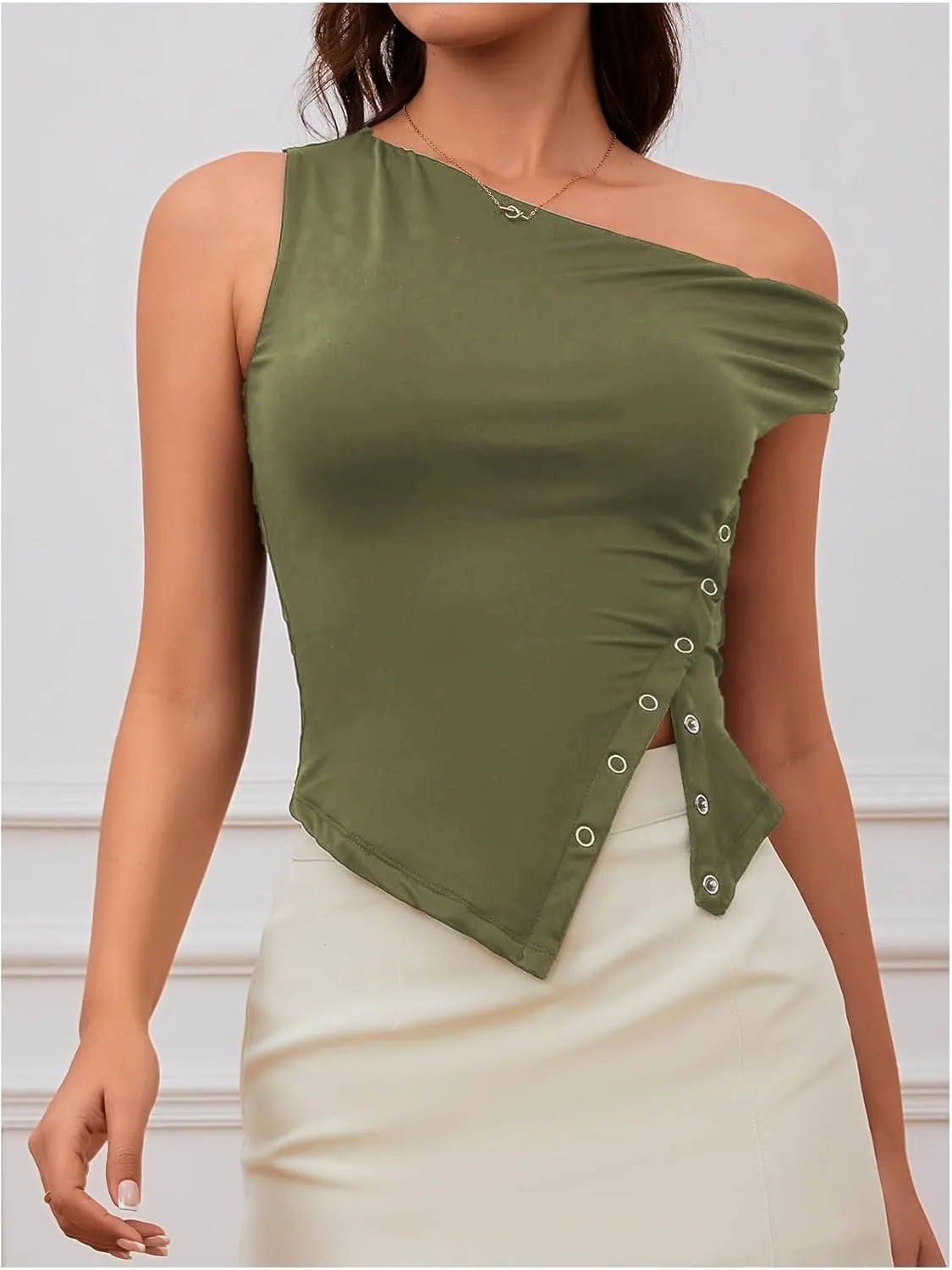 Milumia Women's Summer One Off Shoulder Button Tank Top Asymmetrical Y2K Going Out T Shirts