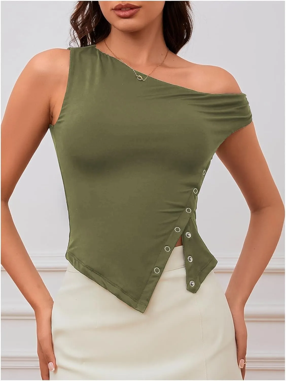 Milumia Women's Summer One Off Shoulder Button Tank Top Asymmetrical Y2K Going Out T Shirts