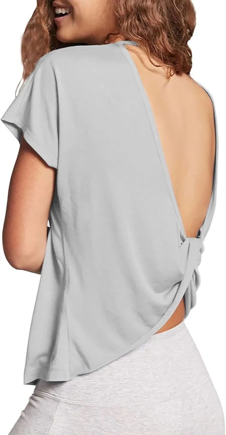Mippo Womens Open Back Workout Tops Loose Short Sleeve Athletic Gym T Shirts