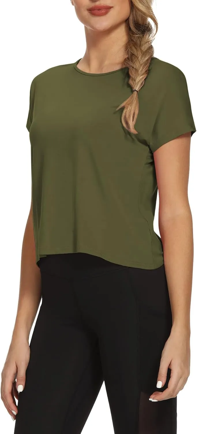 Mippo Womens Open Back Workout Tops Loose Short Sleeve Athletic Gym T Shirts