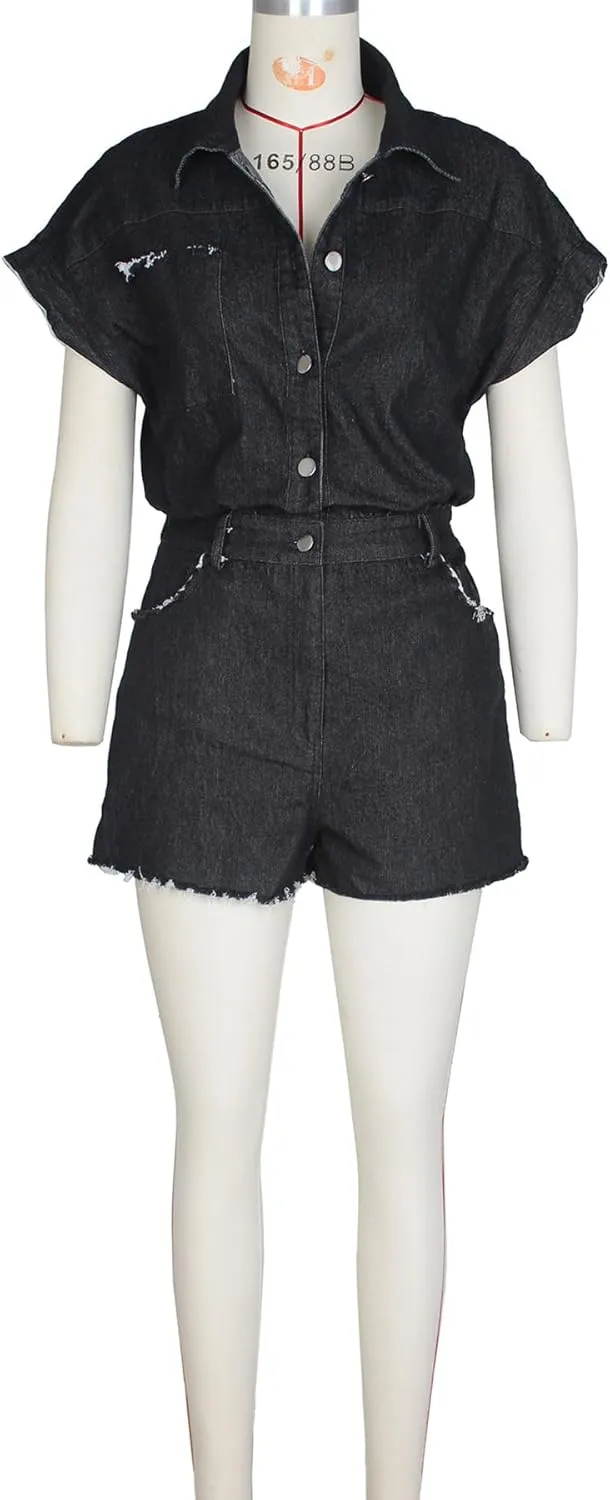 Molisry Women's Summer Denim Rompers Short Sleeve Shirt Top V-Neck Elastic Waist Mini Jean Shorts Jumpsuit Streetwear