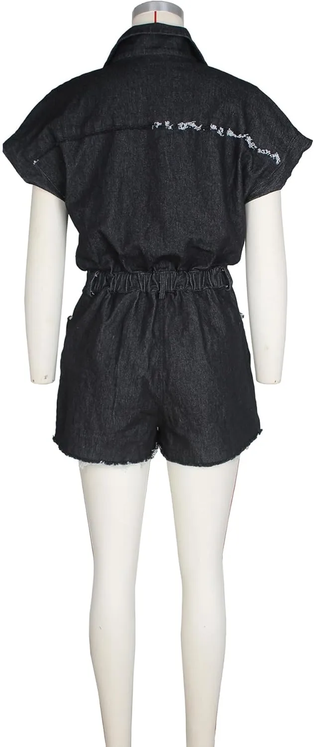 Molisry Women's Summer Denim Rompers Short Sleeve Shirt Top V-Neck Elastic Waist Mini Jean Shorts Jumpsuit Streetwear