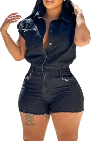 Molisry Women's Summer Denim Rompers Short Sleeve Shirt Top V-Neck Elastic Waist Mini Jean Shorts Jumpsuit Streetwear
