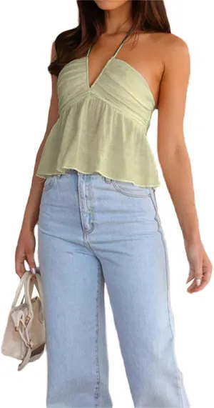 Mxiqqpltky Women Tie Halter Tank Tops Sexy V Neck Ruched Flowy Peplum Crop Camisole Cute Y2K Print Backless Ruffle Cami Tops