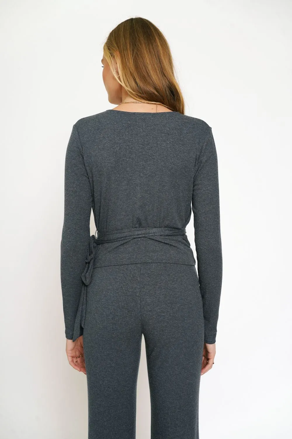 Mystree Wrap Tie Front Long Sleeve Rib Top In Deep Blue